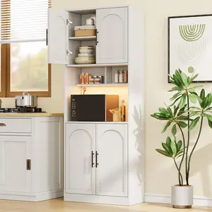 Gaomon Tall Farmhouse Wood Kitchen Hutch Bar Cabinet - Microwave Stand, RGB Lighting, 2 Open Multi-Shelves Storage, Barn Doors, Easy-Assembly Pantry Cupboard for Dining Room, White