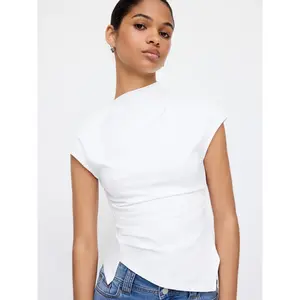 Cider Cotton-blend Stand Collar Ruched Asymmetrical Hem Short Sleeve Top SummerWins Dealsforyou