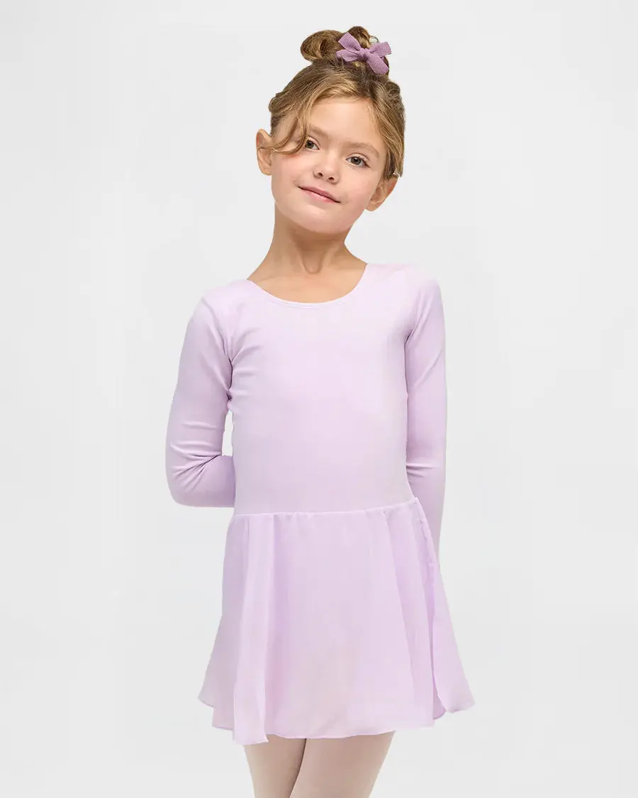 Girls' Long Sleeve Leotard Dress, Classic Cotton Ballet Dancewear with Attached Sheer Skirt for Gymnastics & Performance