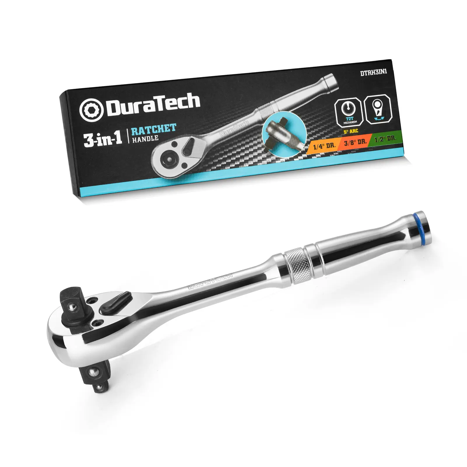 #fathersdaygift DURATECH 3-IN-1 Ratchet Handle, 1/4 ", 3/8 ", 1/2" Drive Ratchet Wrench, 72-Tooth, Reversible Switch, Full-Polished Chrome Plating, Alloy Steel