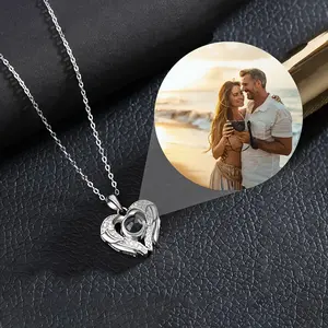 Customized Projection Necklace With Color Pictures, Elegant Style zirconia Decor Heart-shaped Wing Pendant Necklace For Mother's Day, Romantic Custom Accessory, Luxury Gifts For Women