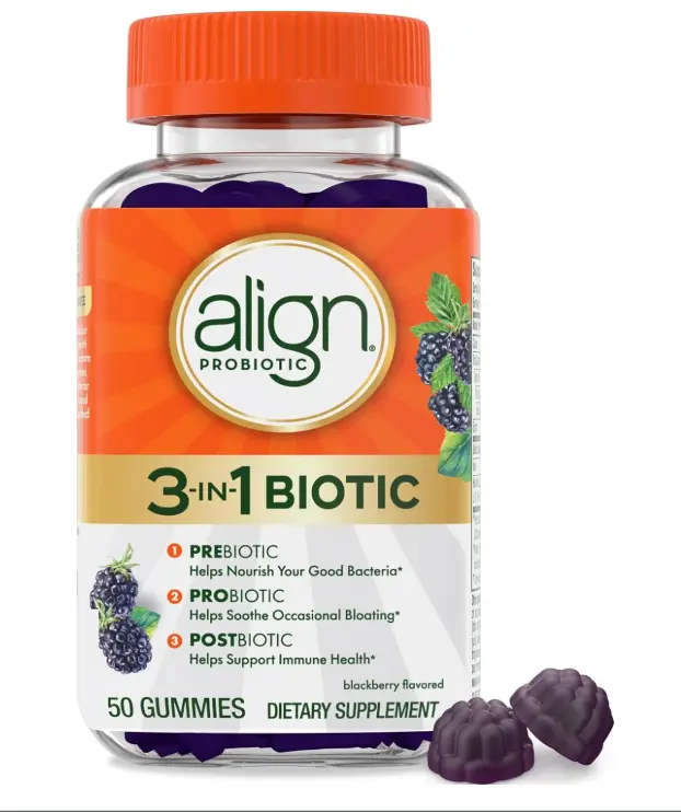 Align Probiotic, 3-in-1 Biotic Gummies, Prebiotic + Probiotic + Postbiotic, #1 Doctor Recommended Probiotic Brand‡, Helps Relieve Occasional Bloating*, BlackBerry Flavor, 50 Gummies
