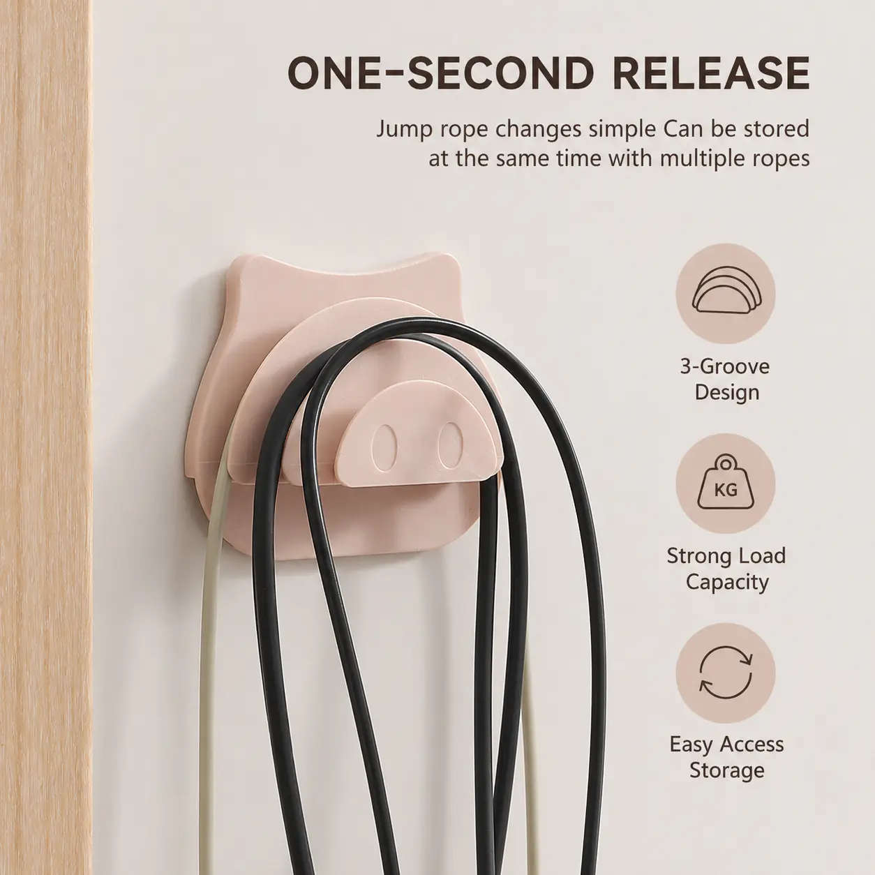 1 Piece, Wall Mounted 3-Slot Pig Nose Shaped ABS Storage Hook for Hanging Jump Rope, Headphones and Small Items on Home Wall Bathroom Door
