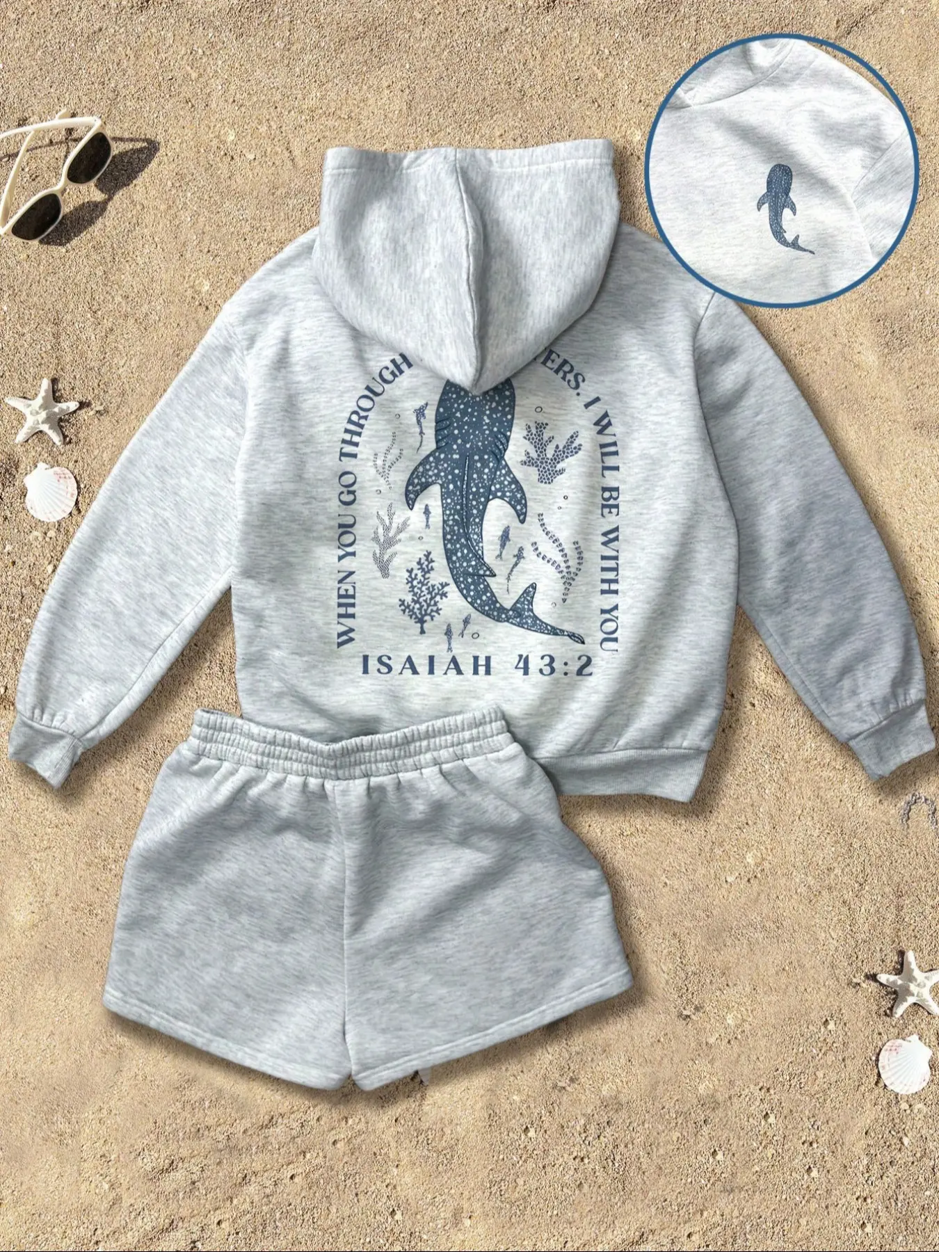 Women's Casual Hooded Long Sleeve Knit Sweatshirt Set, Animal Whale Shark Print Drop Shoulder Pullover Shorts, Fall & Winter Loose Fit Drawstring Homewear, Clothes Womenswear Outfit