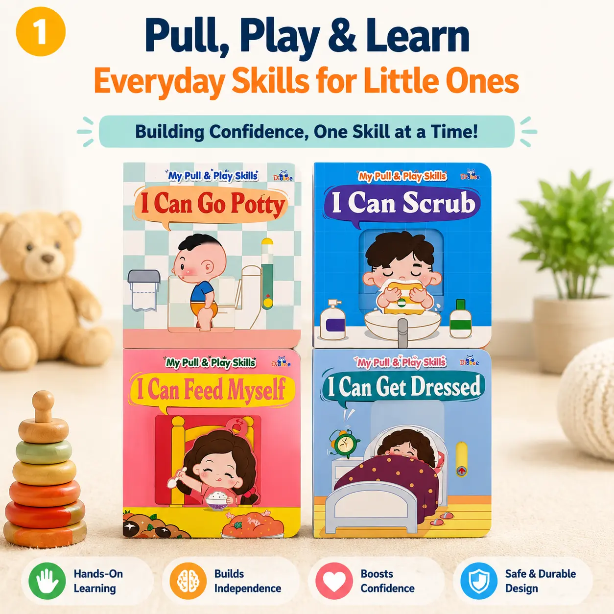Diobee My Pull & Play Skills Board Book Set - 4 Interactive Pull-Tab Early Learning Busy Books for Toddlers Ages 1+, for Parents, Focused on Daily Routines, Fine Motor Skills Development, Ideal for Holidays, Baby Showers, Birthdays, Builds Independence, H