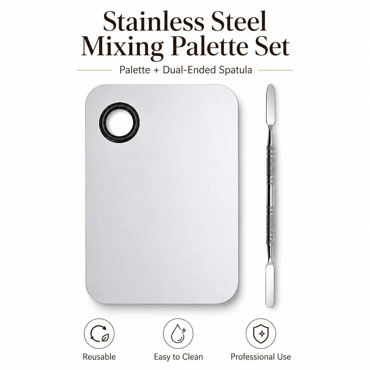 Durable Metal Makeup Mixing Palette and Spatula Set with Finger Ring - MUA-Grade Hygienic Blending Tools for Custom Foundation Shade Creation