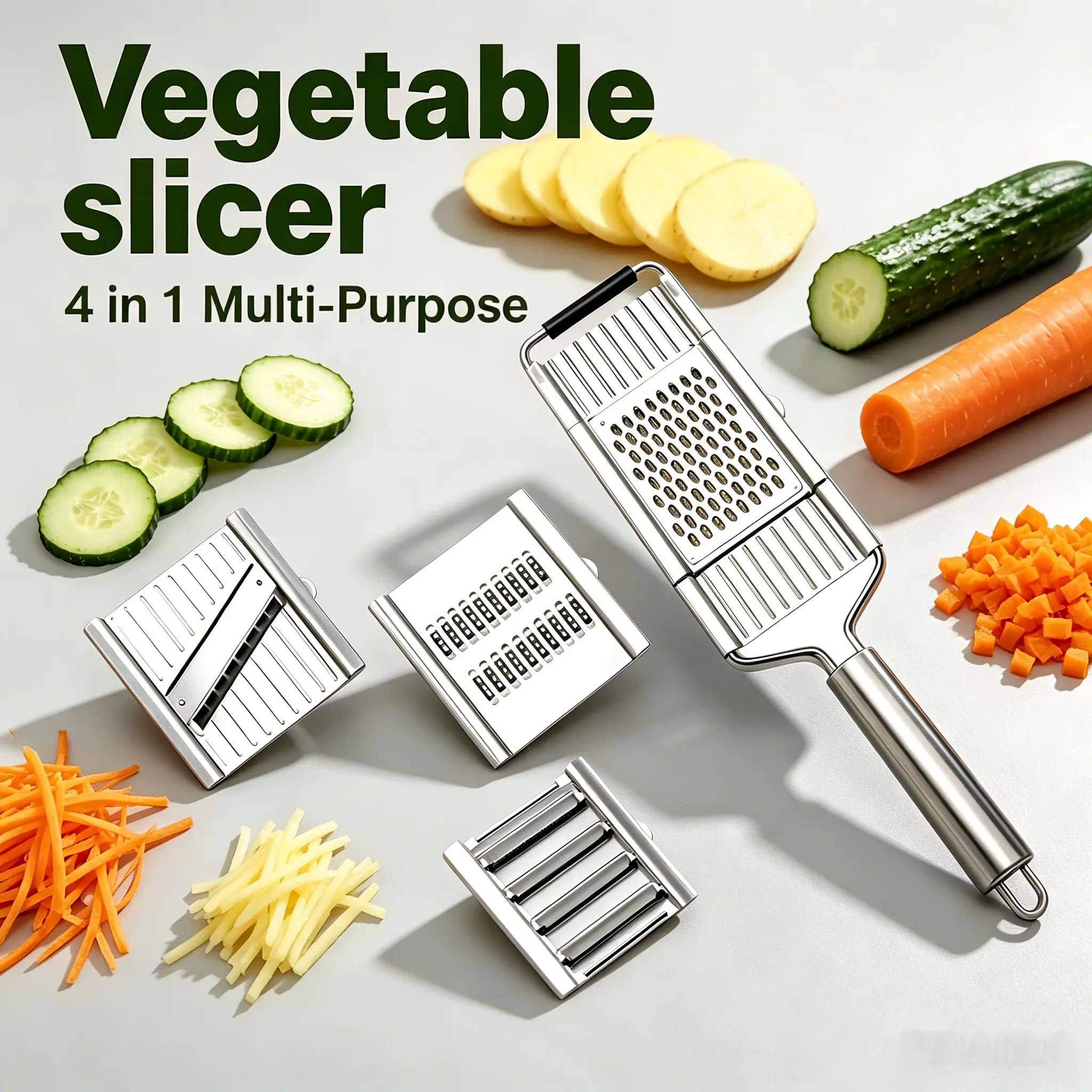 Multi-Purpose Vegetable Slicer with 4 Interchangeable Blades for Slicing, Grating & Julienne Cutting