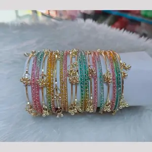 4pcs Kashmiri Ghungroo and 12pcs Raindrop Glass Bangles Set - Hot-Selling Fashionable Bracelet, Casual Trendy Jewelry, Adjustable Bangle - Jewelry Accessory with Elegant Subtle Shine, Timeless Charm - For Casual & Formal Wear, Fashion Enthusiasts