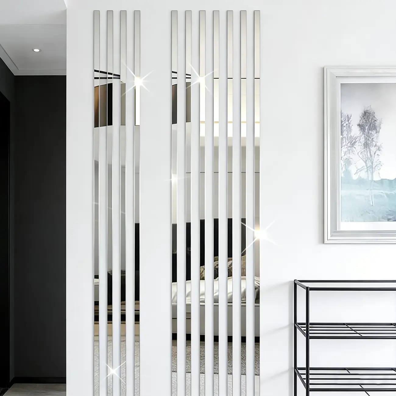 10 silver long acrylic mirror wall stickers, 4x50cm self-adhesive waistline decorative strip, easy to install without holes, suitable for living rooms, bedrooms, ceiling frames, TV background walls, beautiful seam stickers, horizontal, plastic material