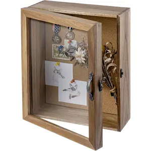 11x14 Deep Shadow Box with Cork Board Backing, Memory Keepsake Box, Display Case Wall Mounted for Collectibles with Clear  Front Window Panel, Metal Handle and Latch, Acacia