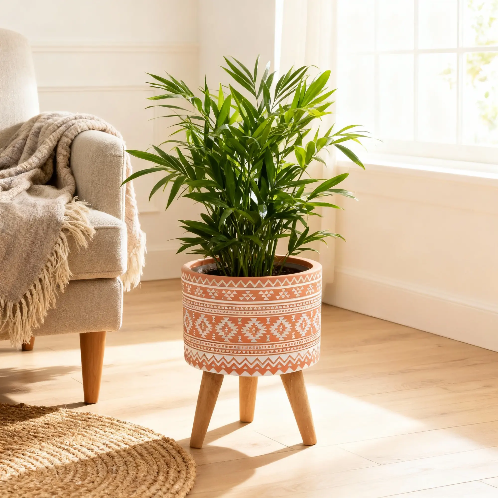 Sierra 10" Fiberglass Planter - Orange Design with Geometric Pattern