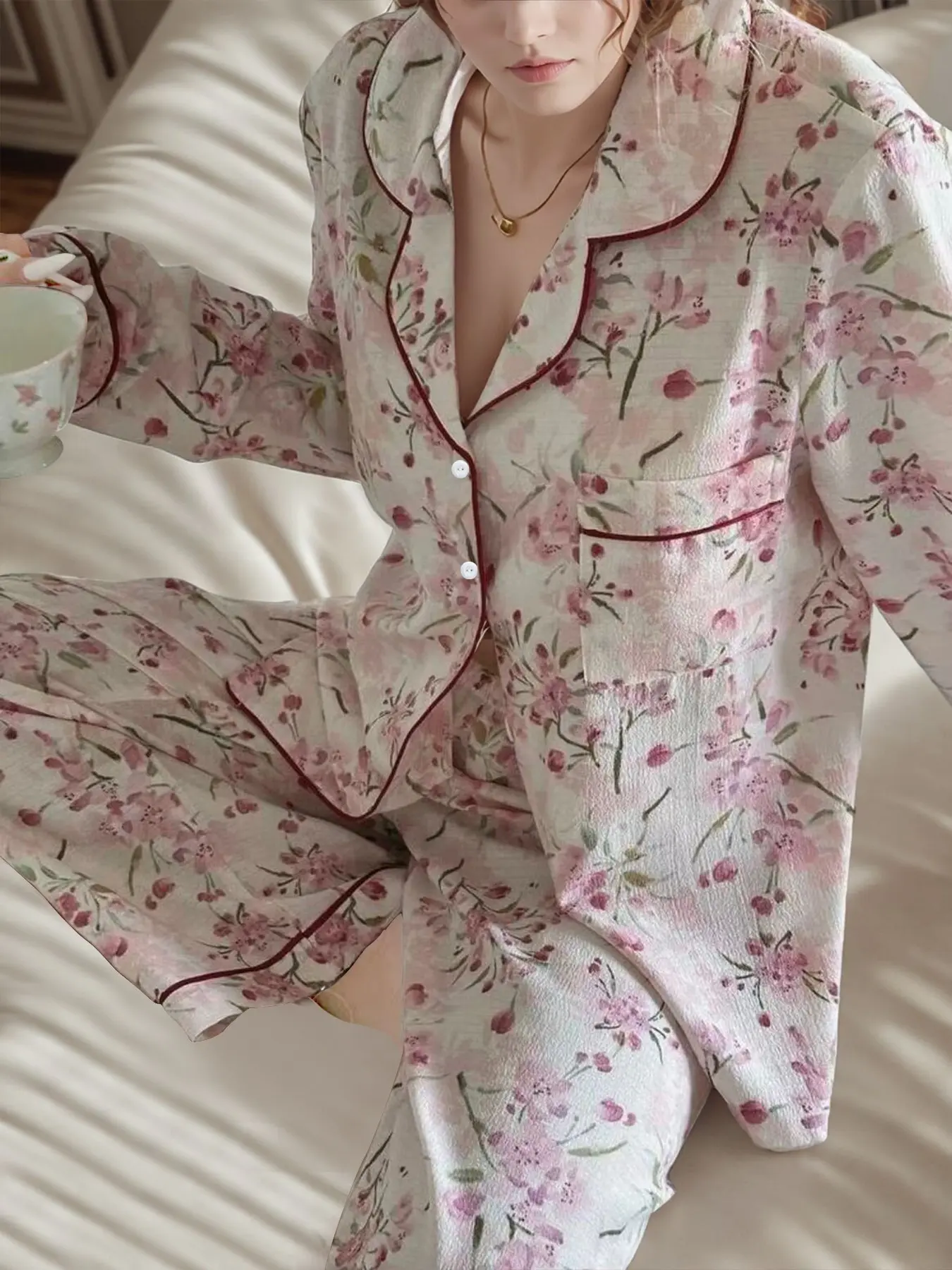 Two-Piece Light Watercolor Floral Women's Pajama Set Loungewear, Long Sleeve Open Front, Soft Satin, Casual Home Wear, Nightwear, All Seasons