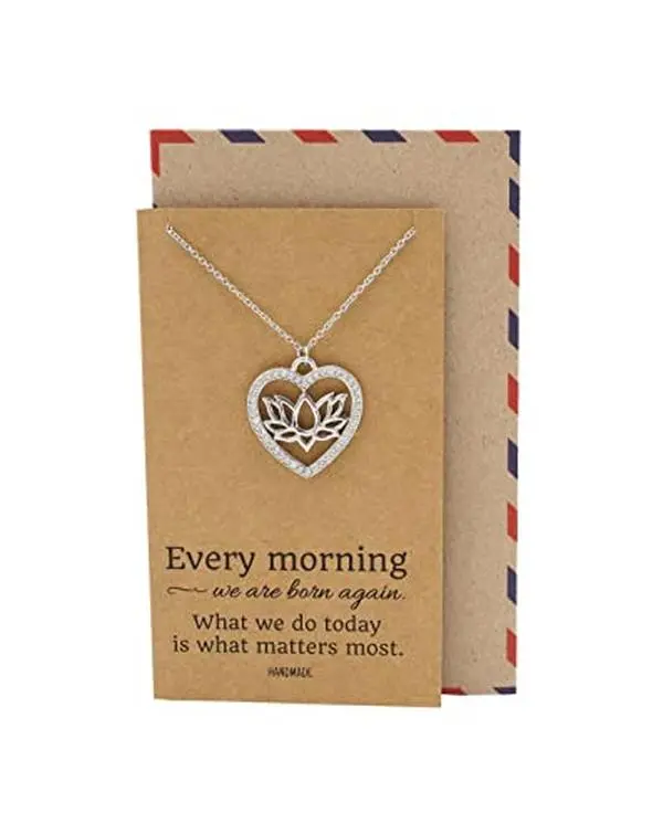 Quan Jewelry Lotus Flower Yoga Necklace, Yogi Jewelry Gifts for Women with Inspirational Greeting Card, Rhodium Plated