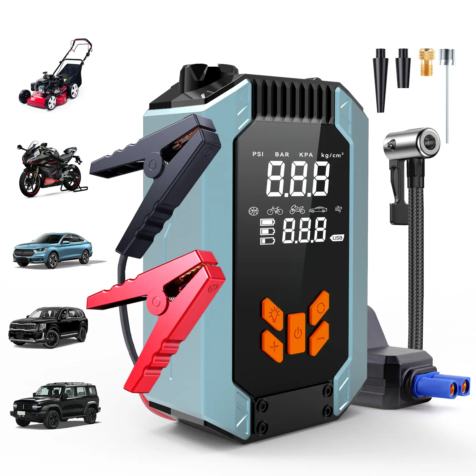 15000mAh Portable Car Jump Starter with Air Compressor, Car Battery Jumper Starter, 12V Jump Box with Smart Jumper Cables, 150PSI Tire Inflator, LED Flashlight and LCD Display