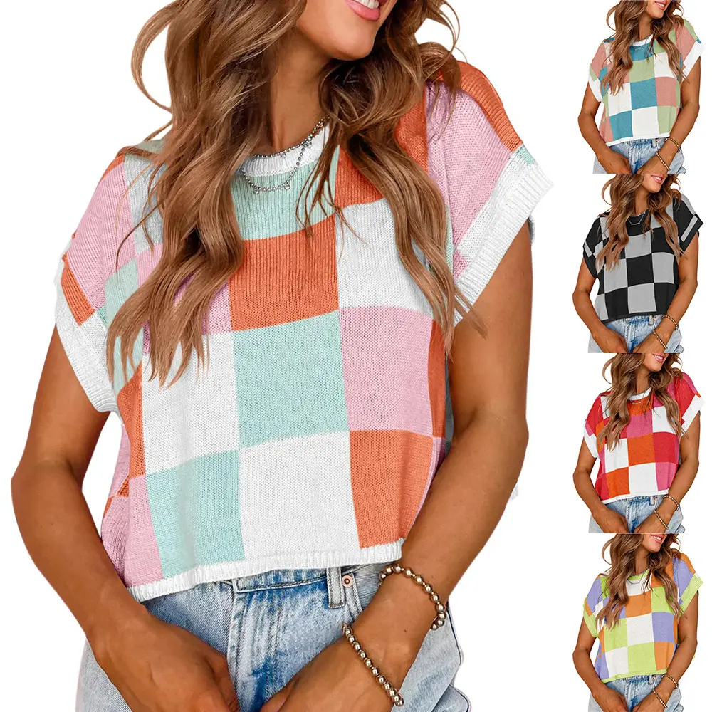Women's Checkerboard Print Cap Sleeve Sweater, Casual Round Neck Jumper for Summer, Sweaters for Women, Fashion Women's Knitwear for Daily Wear