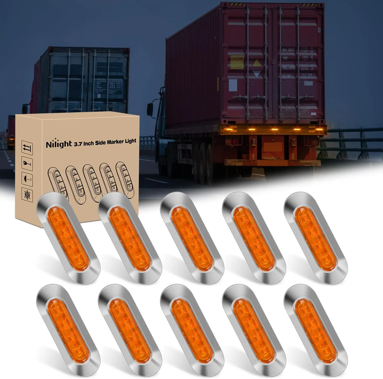 Nilight 10PCS Amber Oval 4-LED Side Marker Lights, 3.7in IP68 Waterproof Clearance Lamp with Chrome Bezel, DC 12-24V Cars Accessories for Truck, Trailer