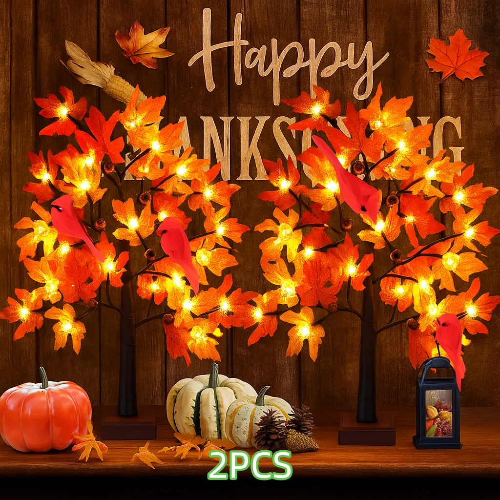 2pcs Maple Leaf Glowing Tree Ornaments 24 LEDs for Valentine's Day Christmas Thanksgiving Party Tabletop Decor Wedding Home Bedroom Ambient Lights Holiday Birthday Gifts USB Battery Powered Linkable
