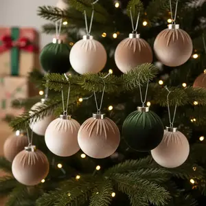 15 Piece Christmas Tree Decorations Ornaments Decor Velvet Balls Shatterproof Set, Multicolor Neutral, 6 Cm / 2.36 Inches