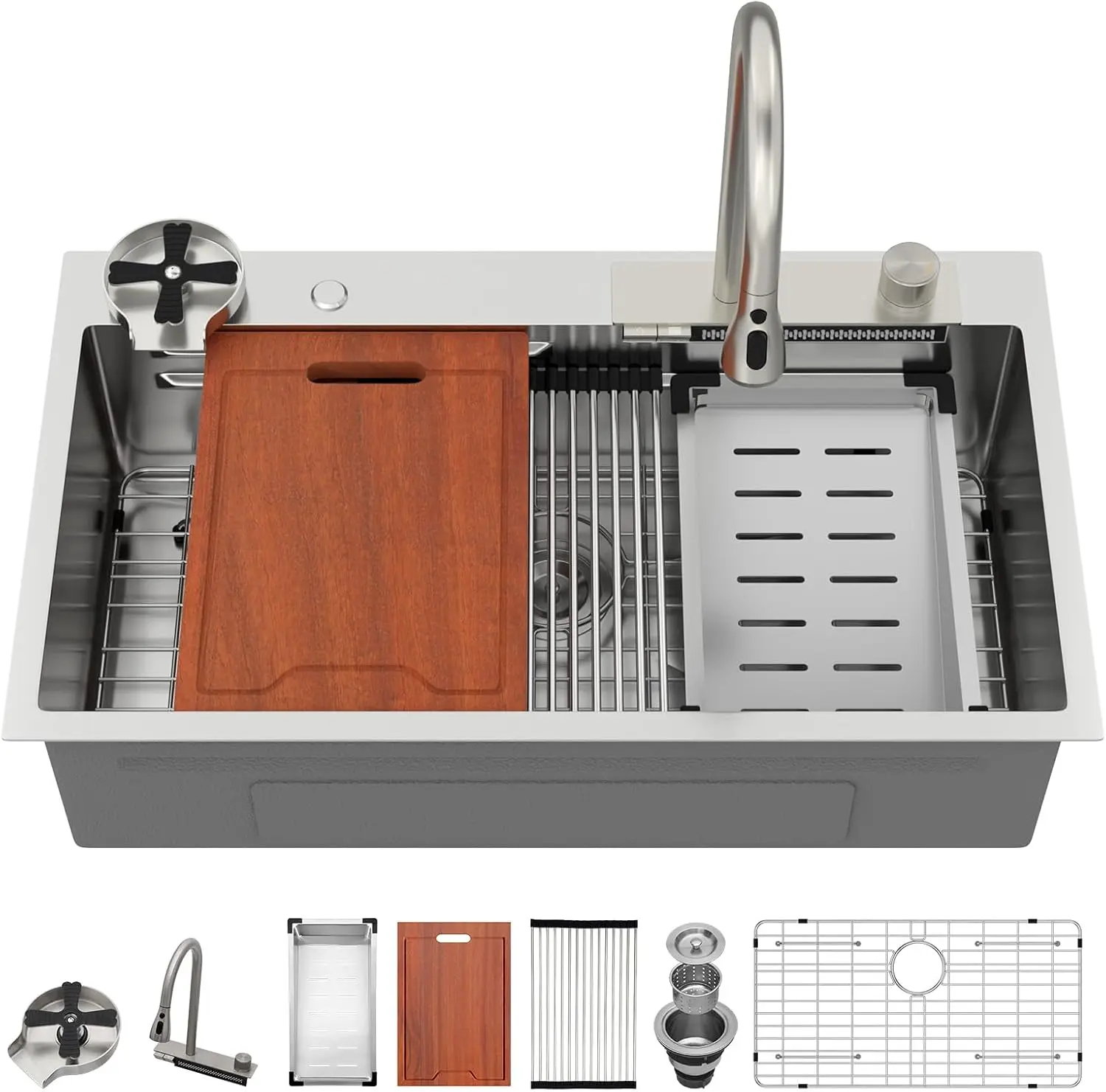 LORDEAR 33"x19" Rectangular Drop-in Single Bowl Industrial Stainless Steel Durable Modern Waterfall Workstation Kitchen Sink with Adjustable Pull-Down Faucet & Multifunctional Accessories