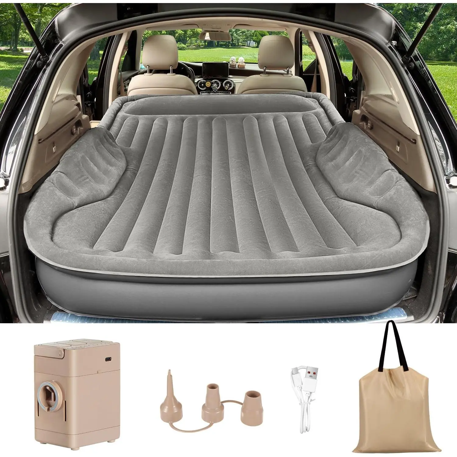 Self-Inflating SUV Air Mattress with Built in Electric Pump,car air Mattress with Pillow for Trunk,Portable car Mattress for Travle and Camping, Gray