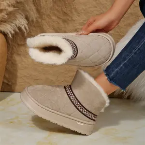 Women’s Snow Boots Suede Warm Fuzzy Lined Booties Rubber Sole Slip-On Mid-Calf Boots