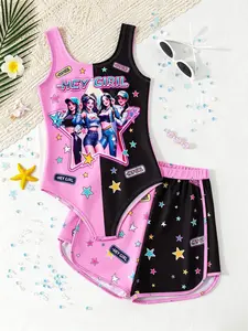 Girls' 3-Piece Swim Set, Trendy Cartoon Print One-Piece Swimsuit + Sun Protection Shorts, Star Design, Beach Vacation, Summer Swimwear