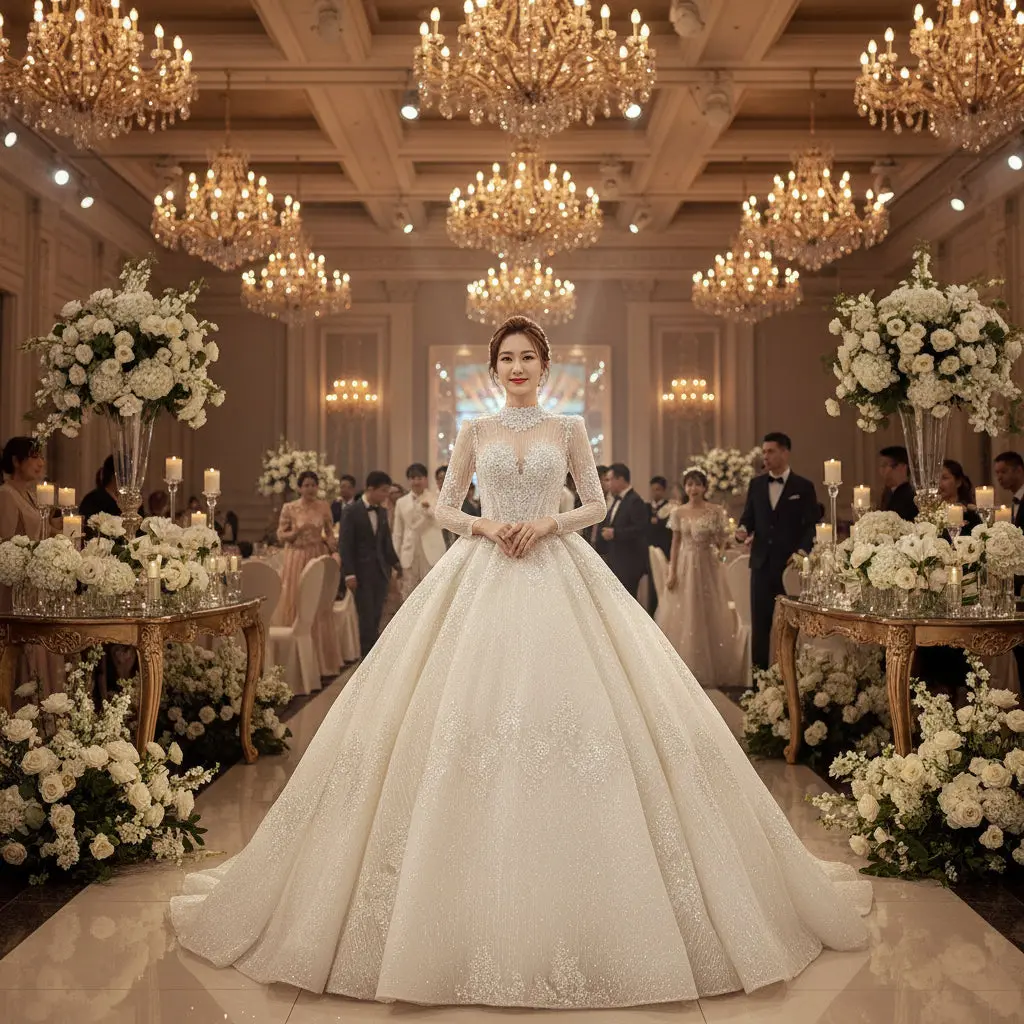 Long Sleeve French Vintage Light Wedding Dress