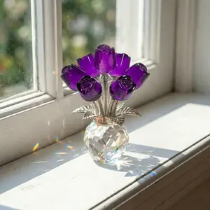 Purple Rose Crystal Flower Figurine with Vase K9 Crystal Rose Bouquet Ornament Romantic Gift for Wife Girlfriend Valentine's Day Anniversary Decor