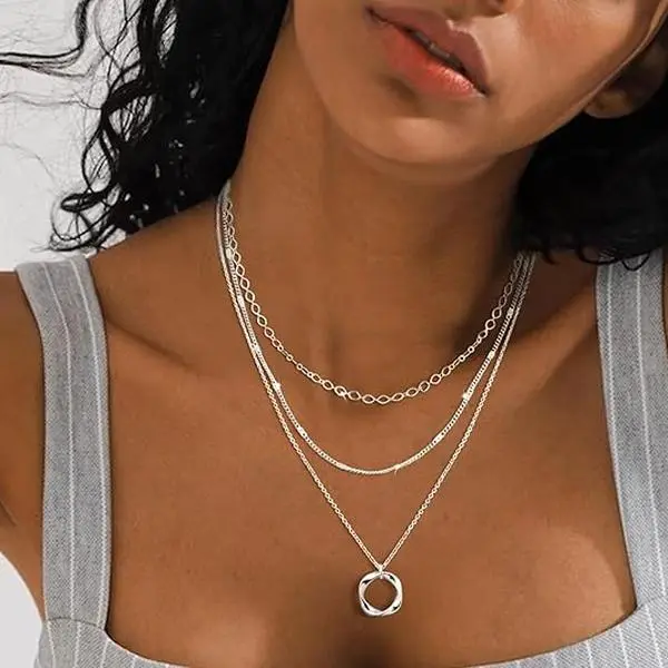 Layered Silver Necklaces for Women, Stackable Choker Necklaces, Trendy Layering Circle Pendant Chain Necklace Set, Women Jewelry for Office, Casual Outfit & Daily Matching