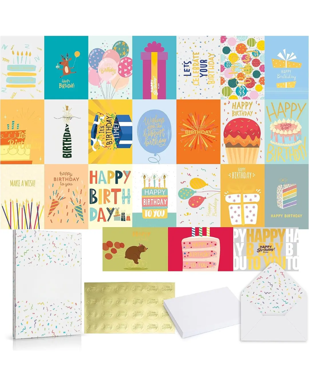 24 Pack Unique Gold Foil Birthday Cards with Envelopes 4x6 Inches Blank Happy Birthday Cards for Family, Kids, Friends, Work & Office Celebrations.