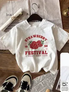 Women's Strawberry Print Round Neck Tee, Casual Short Sleeve Crew Neck T-shirt for Daily Wear, Ladies Clothes for All Seasons