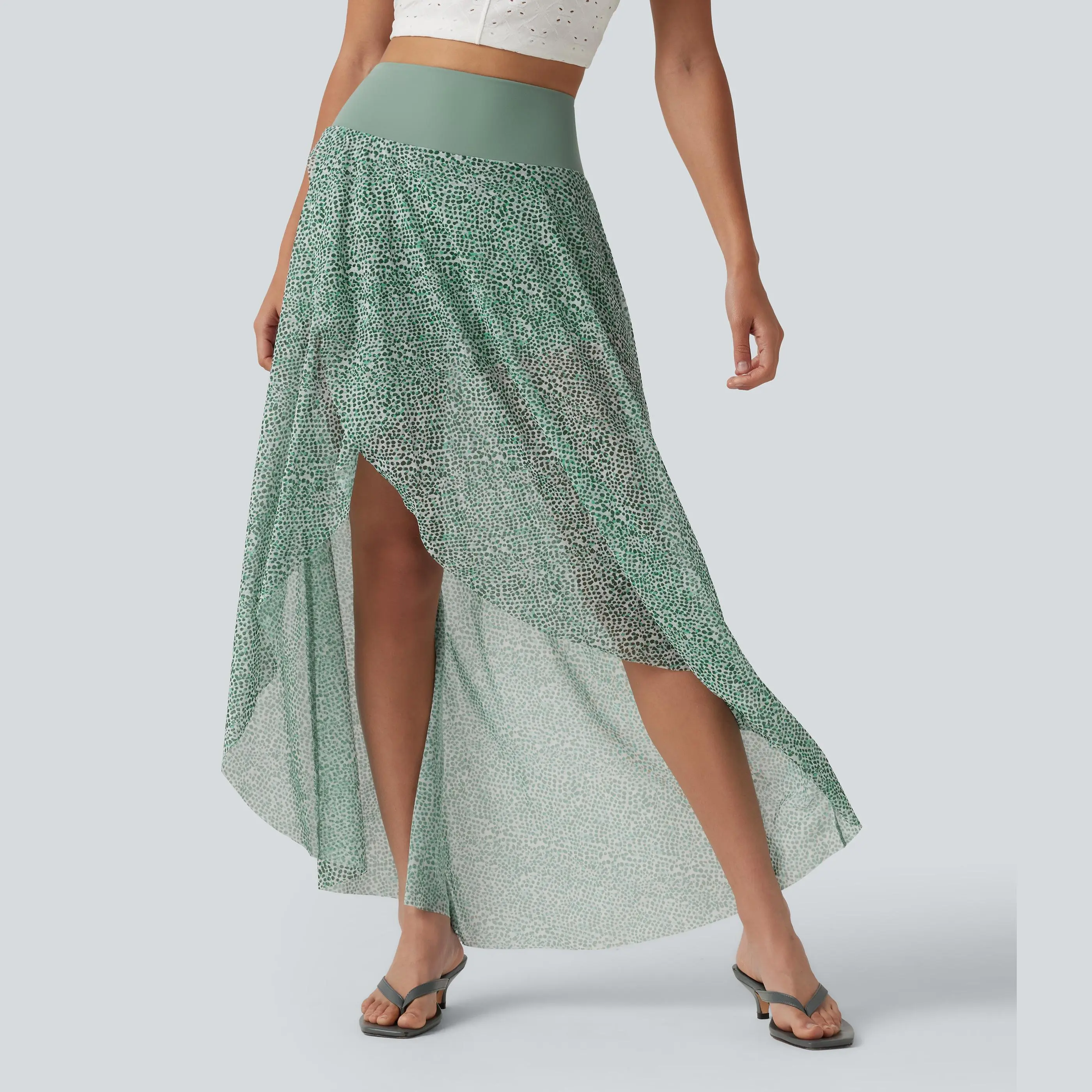 Halara High Waisted High Low Ruffle 2-in-1 Leopard Print Mesh Maxi Skirt