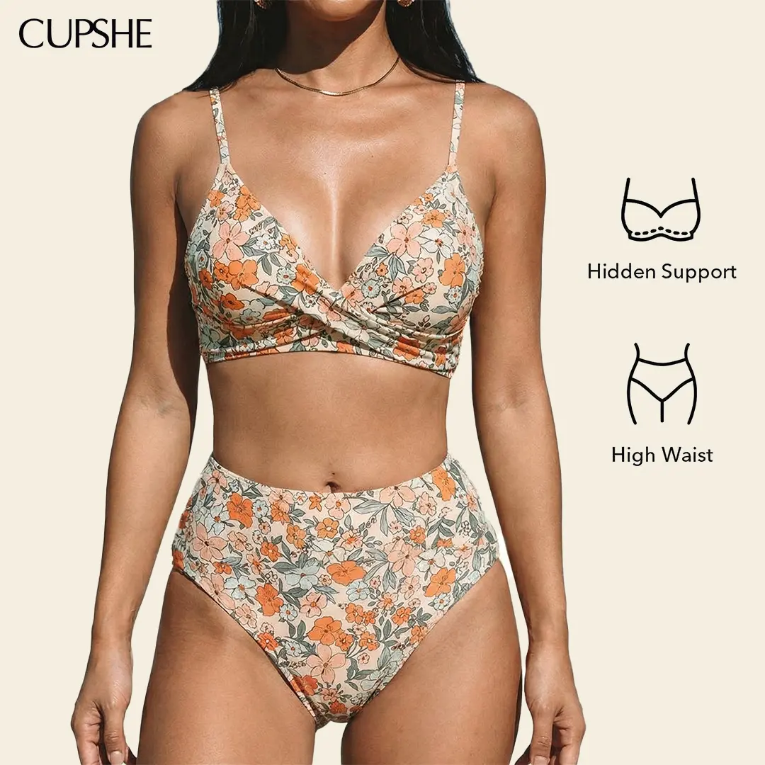 CUPSHE High Waisted Bikini Sets for Women 2026: Tummy Control Two Piece Swimsuit with Twist Front V Neck & Adjustable Straps, Size Inclusive XS XXXL Floral Bathing Suits Summer Beach Holiday Bathing suit #DealsForYouDays