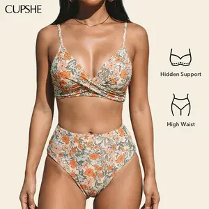 CUPSHE High Waisted Bikini Sets for Women 2026: Tummy Control Two Piece Swimsuit with Twist Front V Neck & Adjustable Straps, Size Inclusive XS XXXL Floral Bathing Suits SpringStatements