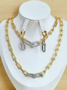 Stainless Steel U-Shaped Horseshoe Buckle Jewelry Set, Elegant Rhinestone Accessories Including Necklace, Bracelet and Earrings for Women