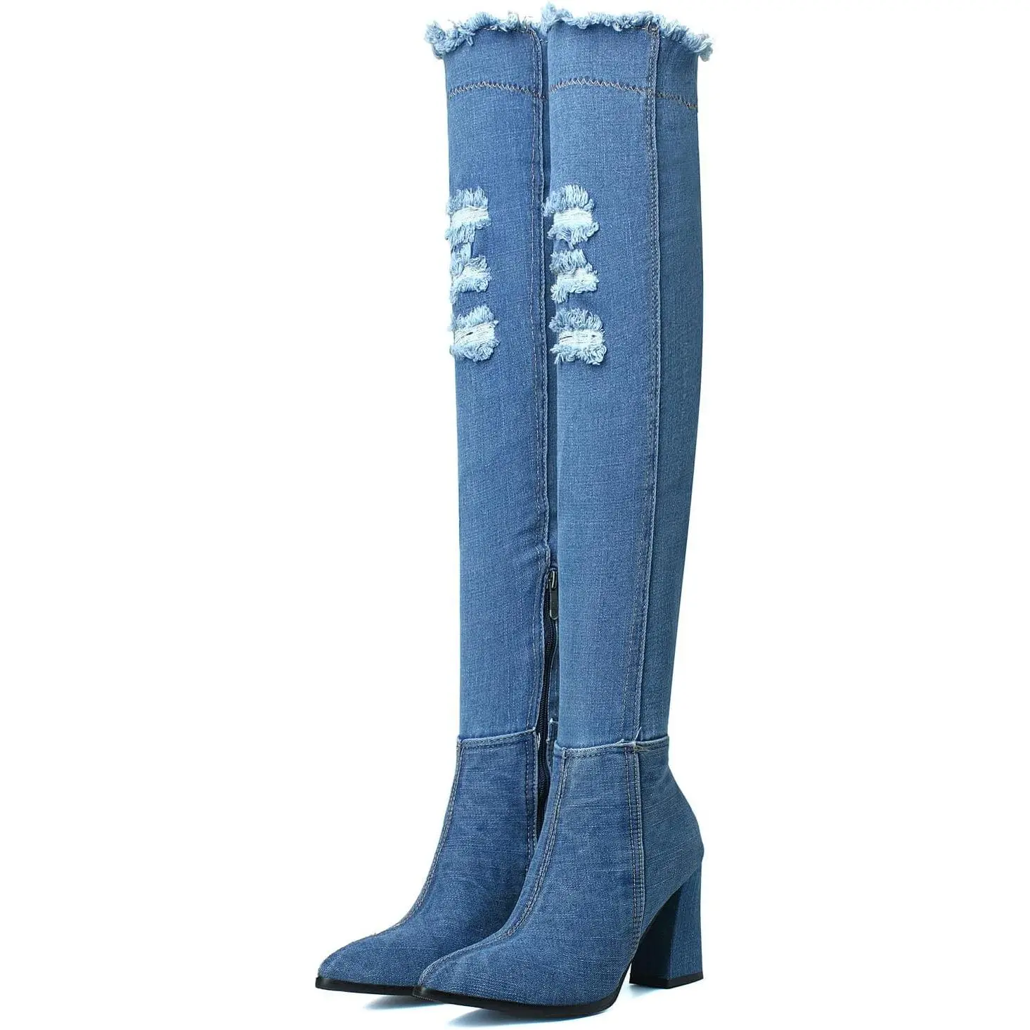 Women's Denim Cutout Thigh-High Over-The-Knee Boots, Comfortable Heel Shoes for the Office