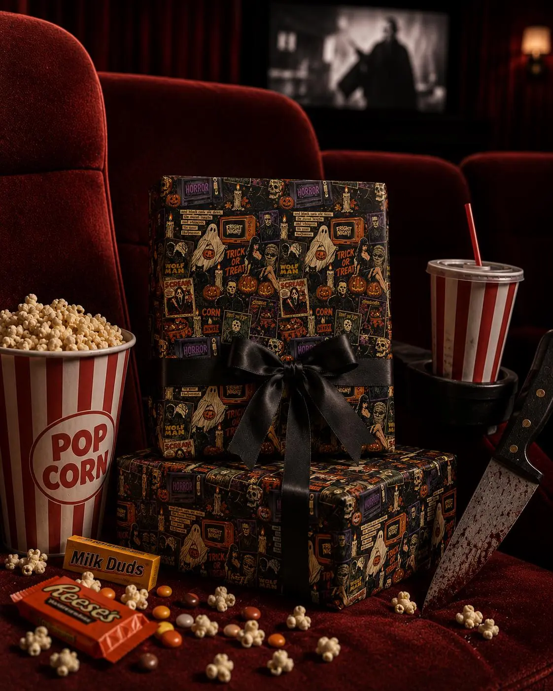 Vintage Horror Halloween Wrapping Paper | Retro Slasher Gift Wrap | Classic Monster Film Collage | Spooky Gothic Halloween