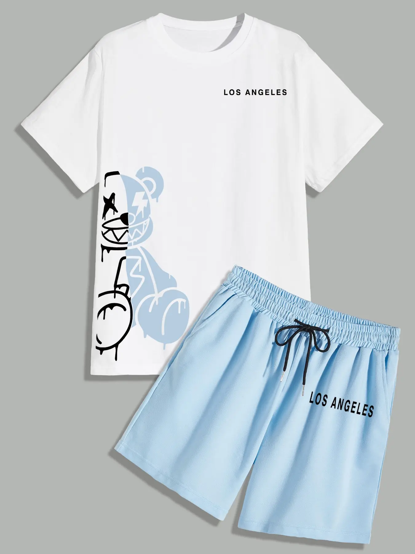 Streetwear Fashion Menswear Men's Summer Tropical 2-Piece Set: Graffiti Bear Graphic Tee Set Round Neck T-Shirt and Shorts, Breathable Urban Casual Matching Outfit for Y2K Aesthetic Daily Wear Style Set