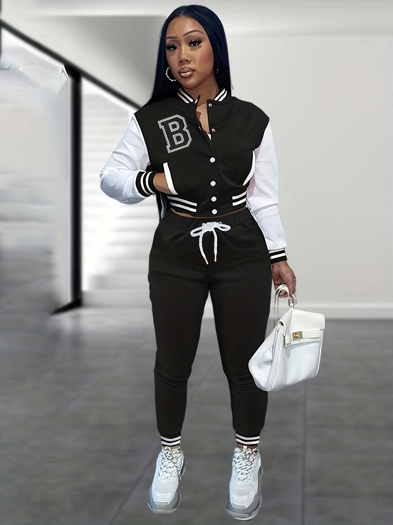 Two-Piece Set Women's Letter Print Crop Jacket & Pants, Casual Fashion Cozy Breathable Outfits for Daily Outdoor Wear, Women's Clothes for Winter
