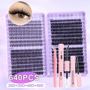 640 Piece Cluster Lash Set 20D+30D+40D+50D, DIY Natural Look & Ultra Soft & Lightweight, Mixed Lengths 8-16mm, Reusable for Beginners