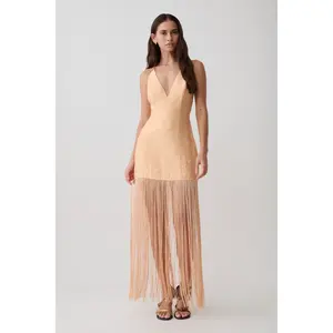 Abigail V Neck Fringe Maxi Dress - Orange