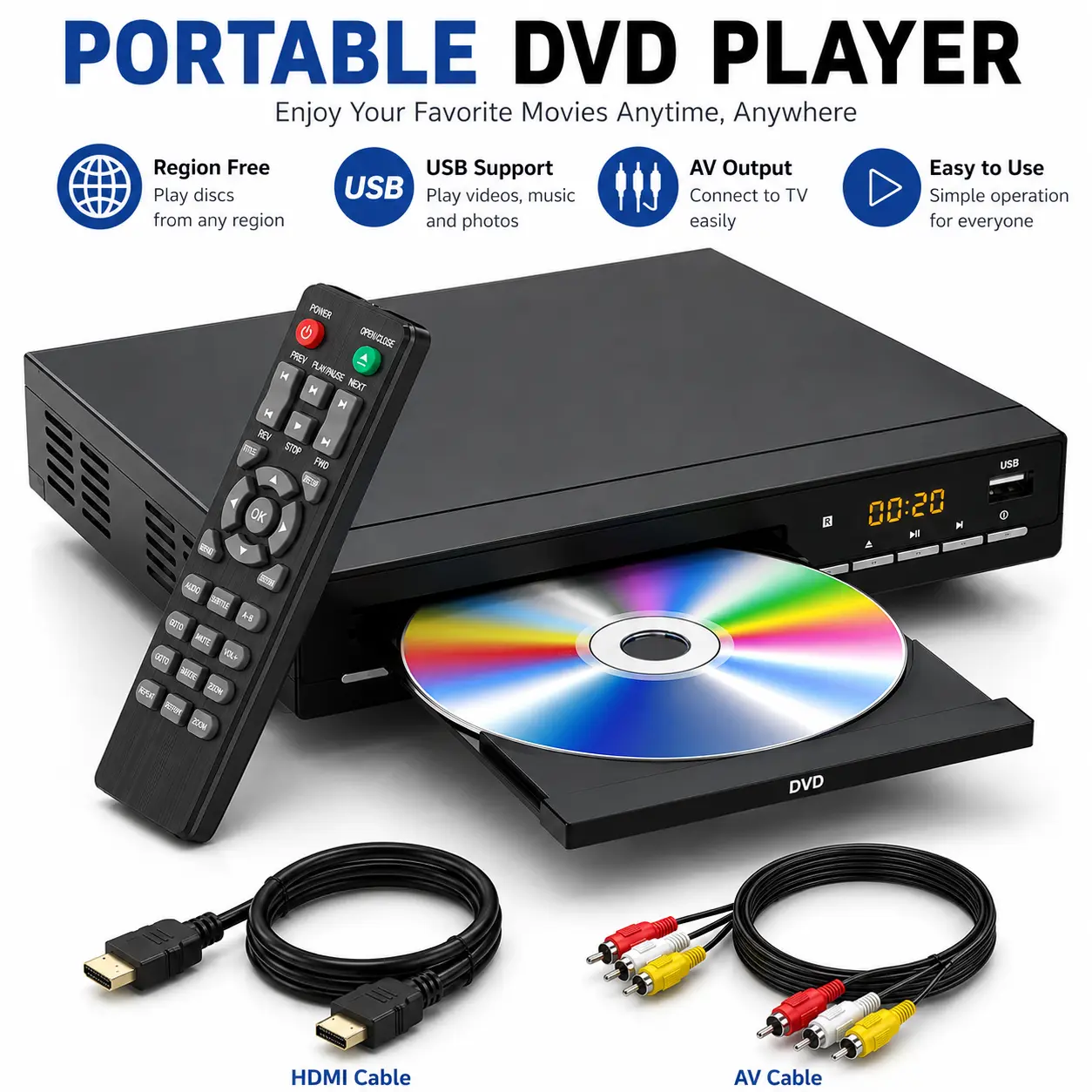 Region-Free External DVD Player for Smart TV - 1920x1080 HD, Wired, USB Port, Remote Control, Multi-Format Media Hub, Durable Design, Home Use Audio CD Player