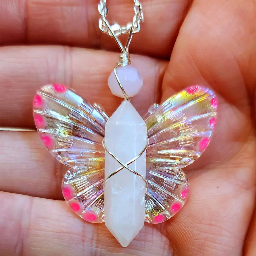 Female Rose Quartz Crystal Necklace - Glow-in-the-Dark Fairy Butterfly Wings Pendant, Dainty Casual Wear Crystal Necklaces Gift