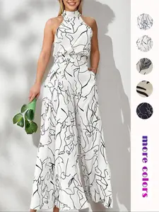 Women's All Over Print Pocket Tie Back Halter Neck Jumpsuit, Overalls for Women, Chic Casual Sleeveless Wide Leg Jumpsuit for Summer, Fashion Ladies Clothes for Beach Holiday Vacation, Womenswear, Jumpsuits for Women, Casual Style Jumpsuit