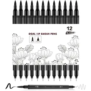 Drawing Pens, 12 Pack Dual Brush Pens Black Markers for Art Drawing Sketching