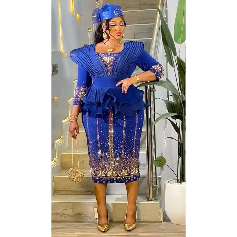 blue and gold wedding guest dress Mac Duggal Strapless Brocade Midi Cocktail Dress