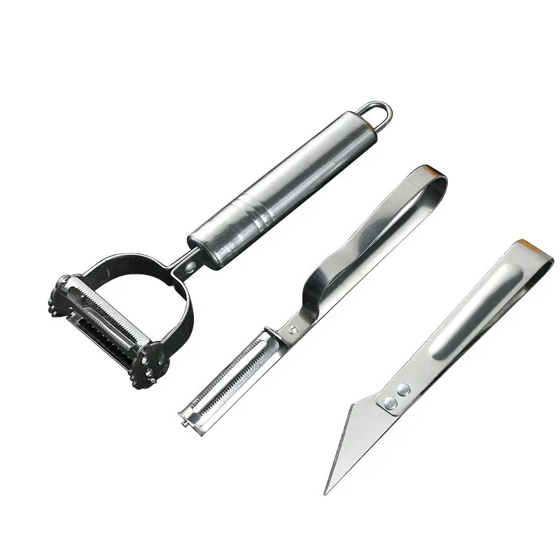 3-Piece Stainless Steel Kitchen Tool Set - Smooth Handles, Lightweight Food Prep Gadget with Peeler, Shredder, Chicken Feather Plucker for Potato, Fruit, Melon Peeling