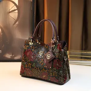Floral Handbag for Women, Autumn Winter Arrival, Hand-Painted Tote with Zipper Closure, Elegant Mom Purse