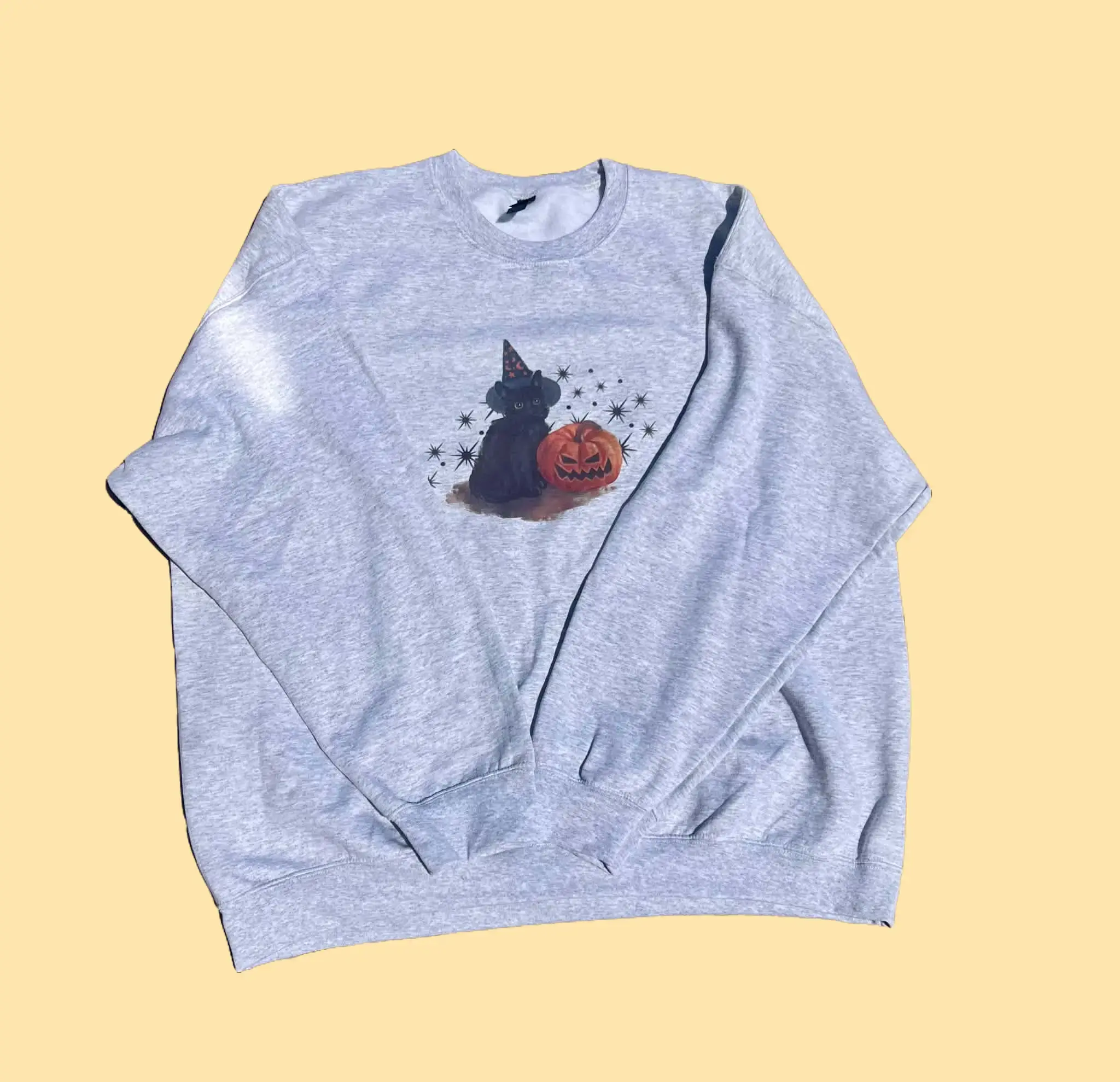 Spooky Cat Crewneck - Vintage Wash Ash Gray Halloween Spooky Season Crewneck Cotton Polyester Womenswear Comfort Costume Hoodie Grey Style