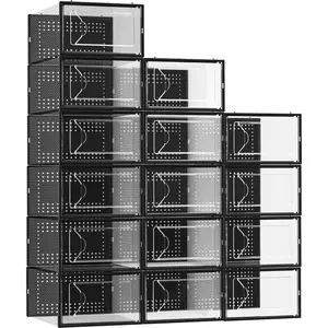 Shoe Storage Box, 15-Pack Transparent Plastic Stackable Shoe Organizer, Suitable for Wardrobe, Interlocking Design Shoe Container Box, Foldable Shoe Rack with Lid, Black